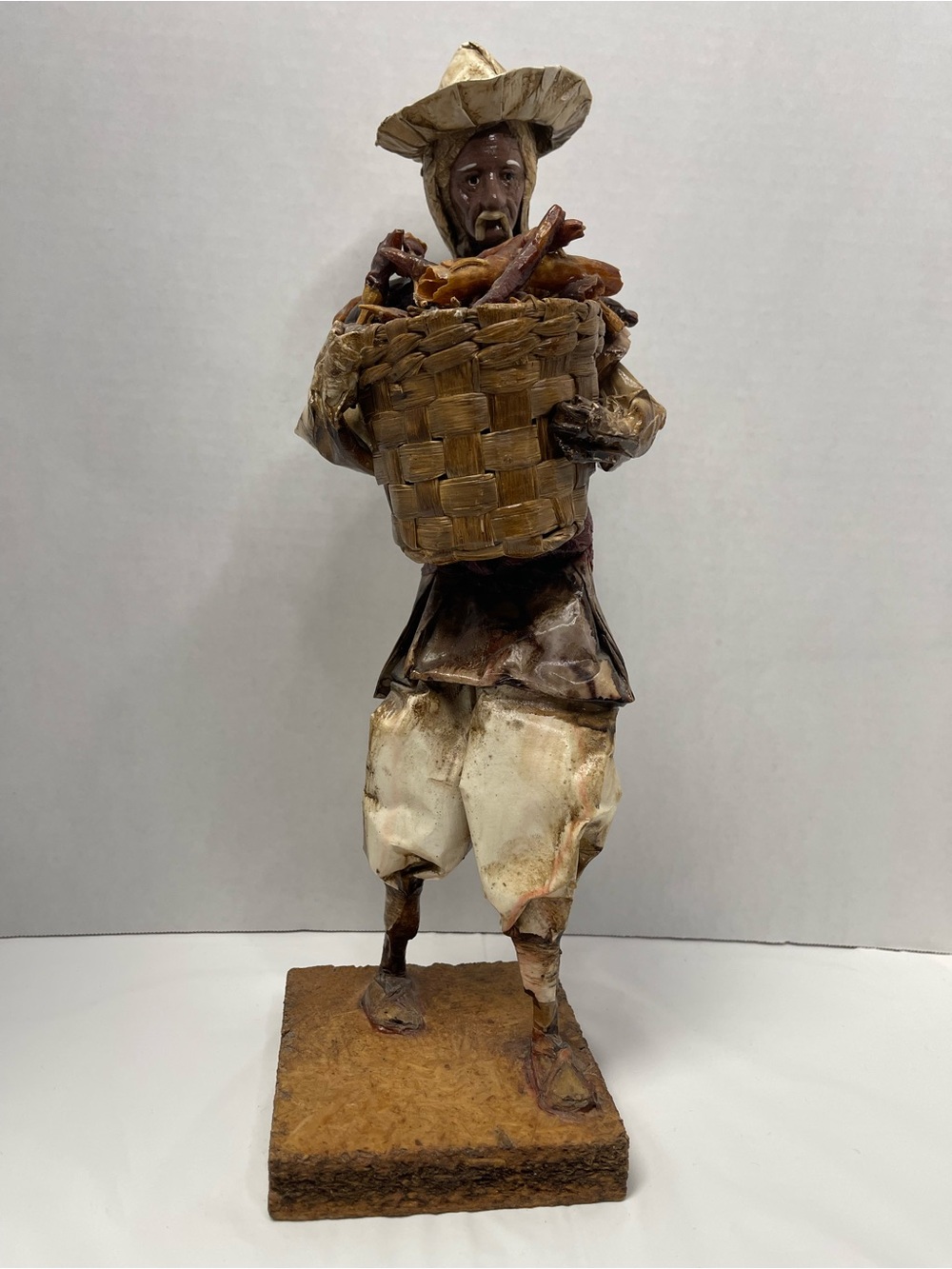 Mexican Paper Mache Folk Art Handcrafted Rustic Farmer Figurine with Basket